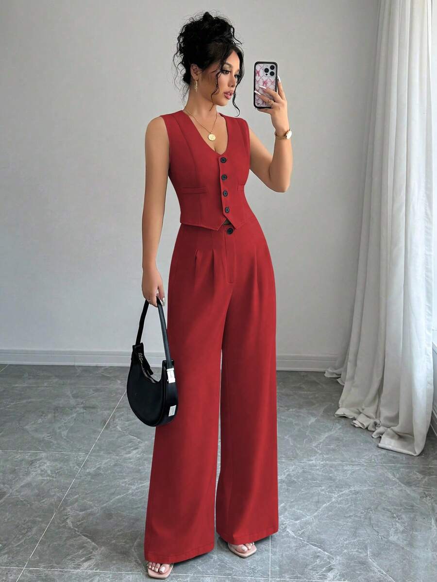 Selianne Sleeveless Blazer Vest & Solid Wide Leg Pants 2pcs Suit Set For New Year Clothes - Red - View 1
