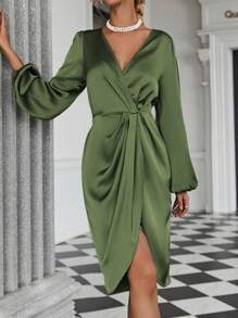 SHEIN Clasi Vestido envolvente midi de unicolor con escote en V y mangas farol para mujer, elegante atuendo de satén maxi para otoño - Verde militar - Ver 5