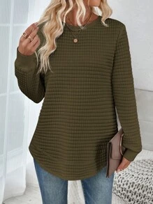 SHEIN LUNE 秋冬休闲圆领格子舒适运动衫，弧形下摆侧开衩设计 - 軍綠色 - 查看 5