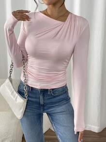 Calvaya Asymmetrical Ruched V-Neck Cinched Waist Fitted Long Sleeve T-Shirt