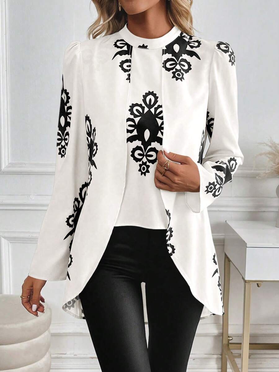 EMERY ROSE 秋季女士休闲不对称下摆印花衬衫 - 黑與白 - 查看 1