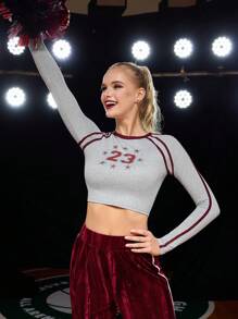 SHEIN Cheerettes Women's Form-Fitting Contrast Piping Number & Star Print Short Crop Top Cheerleading Sports T-Shirt - Multicolor - View 1
