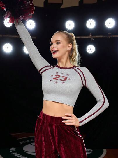 Cheerettes Women's Form-Fitting Contrast Piping Number & Star Print Short Crop Top Cheerleading Sports T-Shirt