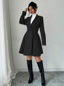 Selianne 1 件女式休闲日常翻领收腰双排扣大衣，秋季 - 黑色 - 查看 4