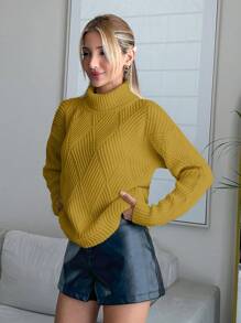 EURMUSE Women Solid Color Diamond Pattern Turtleneck Pullover - Mustard Yellow - View 7