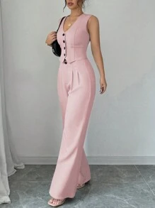 Conjunto de chaleco sin mangas y pantalones - Rosa Pálido - Ver 6