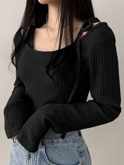 DAZY 1 件女式纯色长袖系带不对称肩部二合一 T 恤，秋季女装