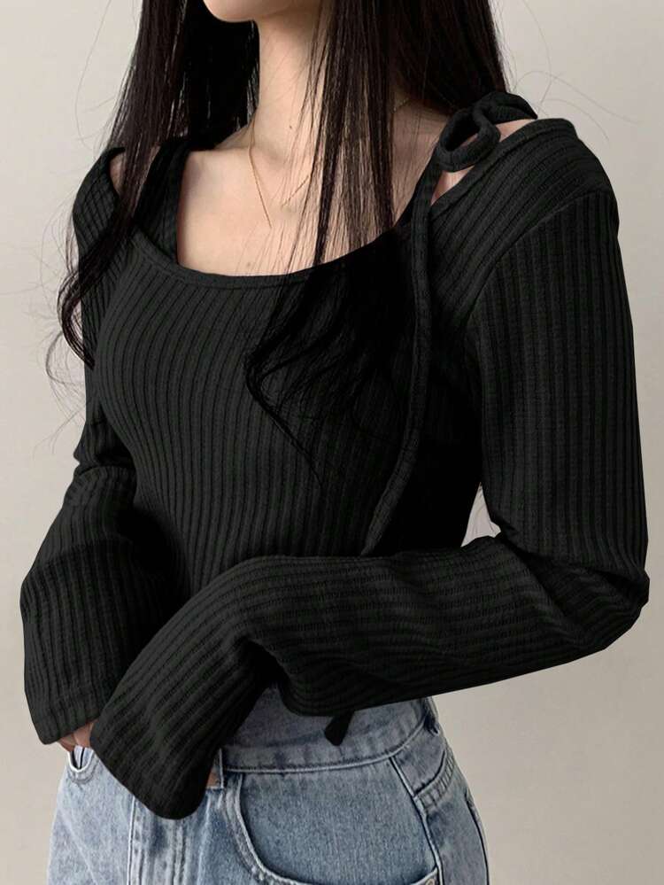 1pc Women's Solid Color Long Sleeve Tie Asymmetric Shoulder 2 In 1 T-Shirt, Autumn,Fall Women Clothes