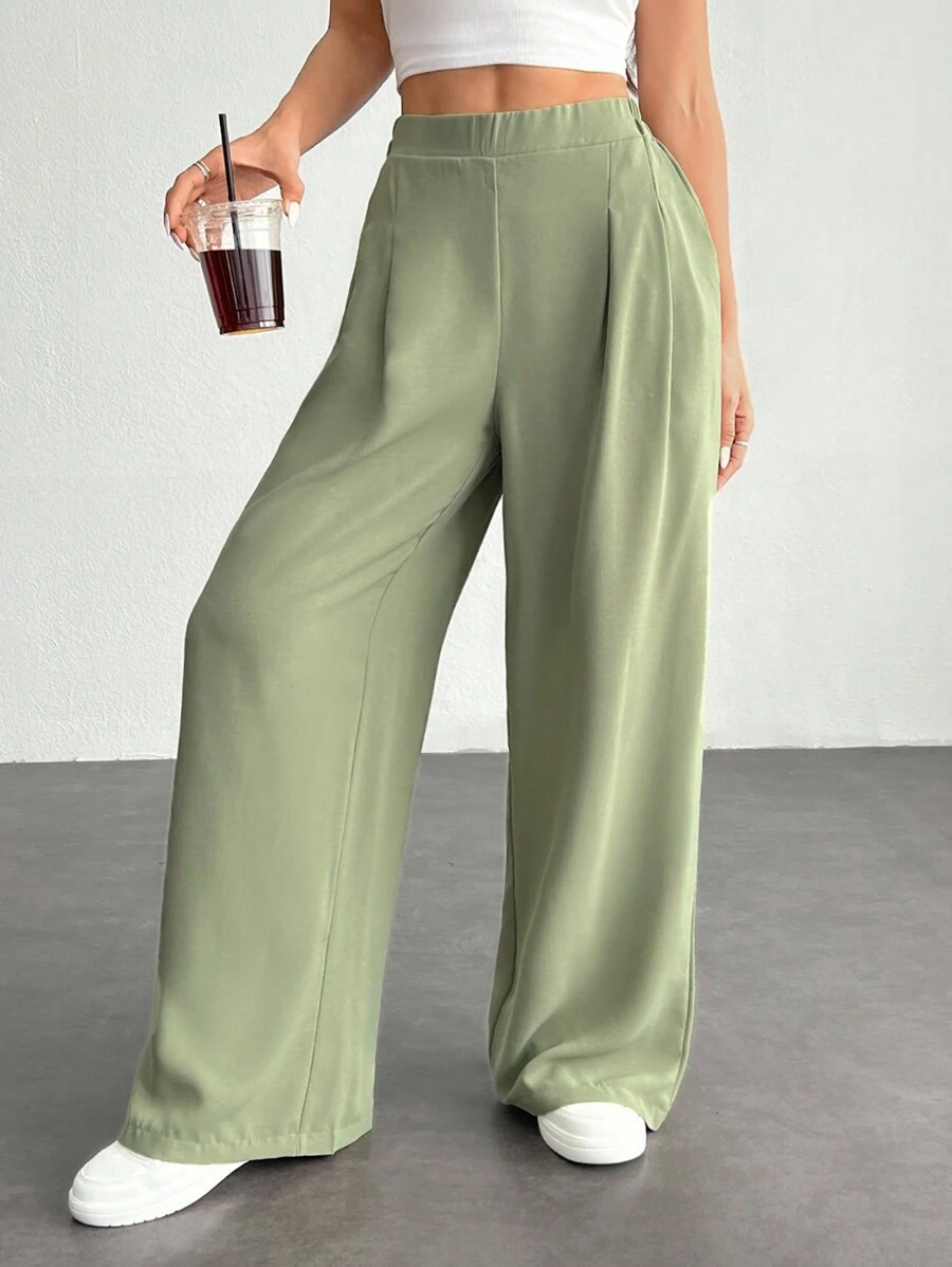 SHEIN PETITE Quần dài cơ bản đơn giản hàng ngày màu trơn dành cho nữ - xanh quân đội - Xem 1