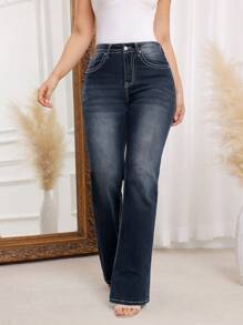 SHEIN LUNE Quần Jeans Ống Loe Đa Năng Thường Ngày Có Túi Cho Nữ - Màu xanh lam - Xem 6