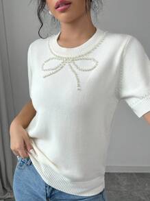 Elenzga Women Casual Faux Pearl Beaded Round Neck Short Sleeve Knitted Blouse, Autumn
