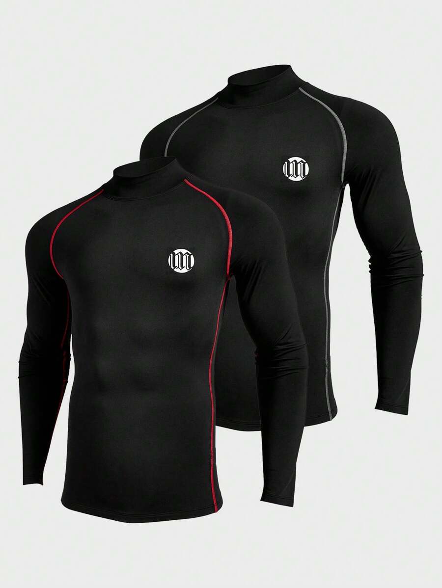 Gym Rark 2PCS 2025 Men's Compression Long Sleeve Shirt Boyfriend Style Men's Letter Print Stand Collar Raglan Sleeve Athletic T-Shirt Muscle Support & Recovery Tech With Contrast Stitch, Breathable Anti-Chafing For Running Gym Gym 2piece Set Breathable Workout Clothes Compression Shirt Men - Black - View 1