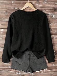 SHEIN EZwear Autumn Winter Santa Claus 3D Graphic Patchwork Moon Pattern Loose Casual Crew Neck Sweatshirt - Black - View 2
