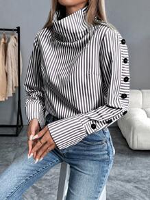 Calvaya Striped Casual Long Sleeve Turn-Down Collar Single-Breasted Blue Shirt Fall Cloth For Women