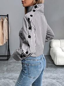 Calvaya Striped Casual Long Sleeve Turn-Down Collar Single-Breasted Blue Shirt Fall Cloth For Women