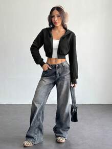 SHEIN PETITE Áo hoodie crop top tay dài Y2K có khóa kéo cho mùa thu/đông - màu đen - Xem 7