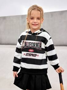 SHEIN Young Girl Outdoor Sports Winter Striped Contrast Color Thermal Lined Hoodie Sweatshirt, Breathable & Soft For Running, Workout & Training - Black and White - View 7