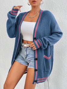 Chiquease Casual Contrast Color Dual Pocket Loose Front Button Cardigan, Suitable For Autumn & Winter