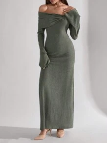 SHEIN Tall Long Sleeve Draped Neck Sparkling Dress - Green - View 3