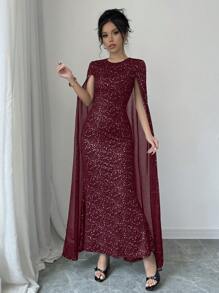 Elenzga 女士优雅亮片装饰圆领长款紧身连衣裙，秋季勃艮第红长款女装 - 酒紅色 - 查看 5