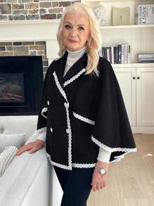 EMERY ROSE Women's Fall/Winter Peter Pan Collar Patchwork Lace Cloak Coat Jacket - Black - View 4