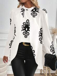 EMERY ROSE 秋季女士休闲不对称下摆印花衬衫 - 黑與白 - 查看 5