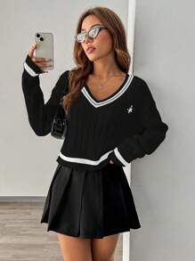 Chiquease Casual Color Block Stripe Embroidery Knit Sweater, Autumn/Winter Knit Pullover Fall Outfit - Black and White - View 4