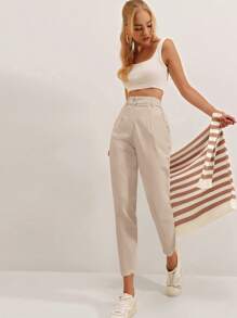 RueChic Pantalones De Cintura Alta De Color Sólido - Beis - Ver 4