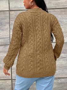 EURMUSE Plus Size Women Casual Solid Drop Shoulder Loose Cable Knit Pullover Sweater, For Winter - Camel - View 2