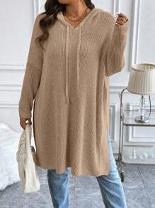 Plus Size Casual Daily Dropped Shoulder Loose Drawstring Hoodie Sweater, Autumn/Winter Knit Pullover Fall Sweater - Apricot - View 1