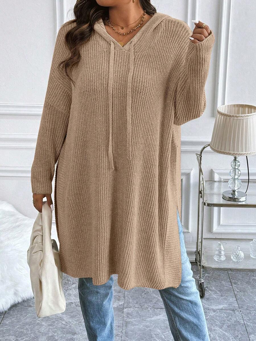 Plus Size Casual Daily Dropped Shoulder Loose Drawstring Hoodie Sweater, Autumn/Winter Knit Pullover Fall Sweater - Apricot - View 1