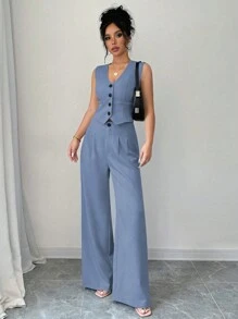 Selianne Conjunto de mujer con chaleco y pantalones palazzo de unicolor informal - Azul - Ver 6