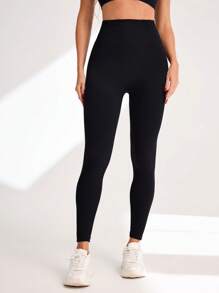 SHEIN Sports Women's Solid Color High Waist Slimming Sports Leggings - Black - View 4
