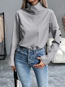 Calvaya Striped Casual Long Sleeve Turn-Down Collar Single-Breasted Blue Shirt Fall Cloth For Women