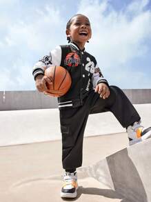 SHEIN 长袖罗纹拼接篮球夹克，印有 23 和篮球 89 图案，时尚运动棒球夹克，印有个性化字母图案