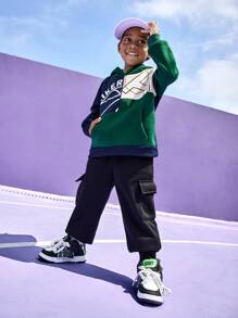 SHEIN Young Boys Hooded Sweatshirt With Contrast Color Print, Thermal Lined Warm Sports Pullover Fit For Football, Tennis, Basketball, Long Sleeve - Multicolor - View 1