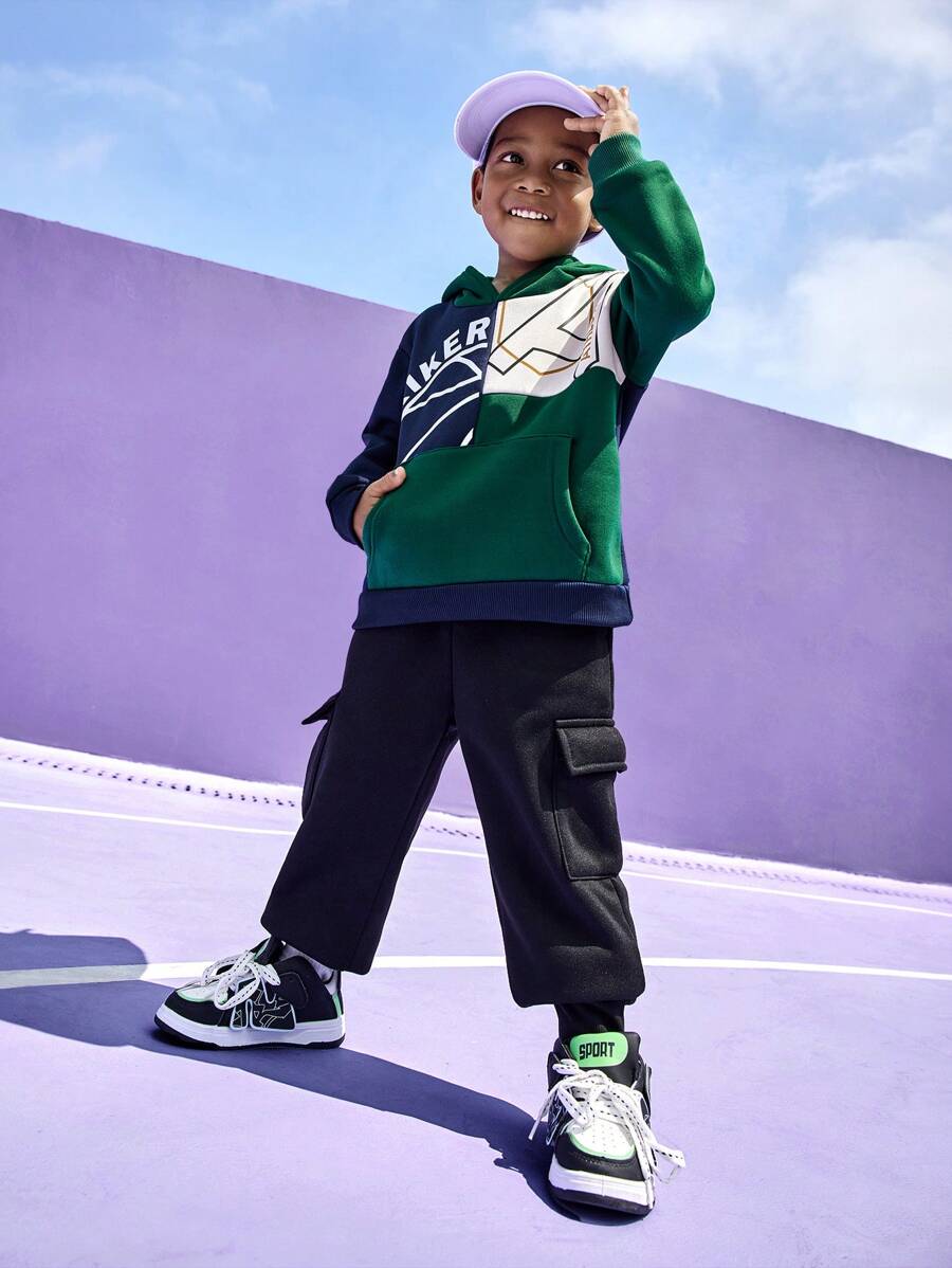 SHEIN Young Boys Hooded Sweatshirt With Contrast Color Print, Thermal Lined Warm Sports Pullover Fit For Football, Tennis, Basketball, Long Sleeve - Multicolor - View 1