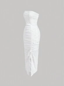 SHEIN MOD Váy ống xẻ nơ trắng thanh lịch cho nữ, gợi cảm, hippie, đi chơi, dạ hội hóa trang, bãi biển, ăn trưa, trang phục mèo, váy tiên, trang phục hòa nhạc cho nữ - trắng - Xem 3