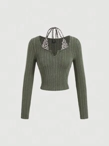 SHEIN MOD Women's Ribbed Leopard Turtleneck Olive Green Longsleeve T-Shirt,Fall/Winter Women Fitted T-Shirt,Going Out,Work Outfits Homecoming Christmas,Casual