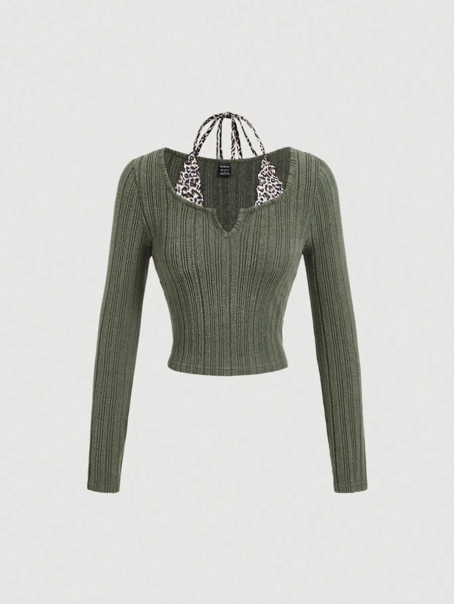 SHEIN MOD Women's Ribbed Leopard Turtleneck Olive Green Longsleeve T-Shirt,Fall/Winter Women Fitted T-Shirt,Going Out,Work Outfits Homecoming Christmas,Casual