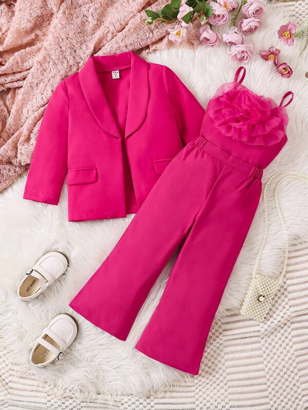 Set da 3 pezzi elegante e urbano per ragazze giovani: blazer, top canottiera con fiori 3D e pantaloni