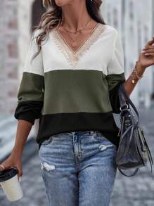 SHEIN LUNE Women's Contrast Color V-Neck Lace Patchwork Long Sleeve Sweatshirt - Multicolor - View 1