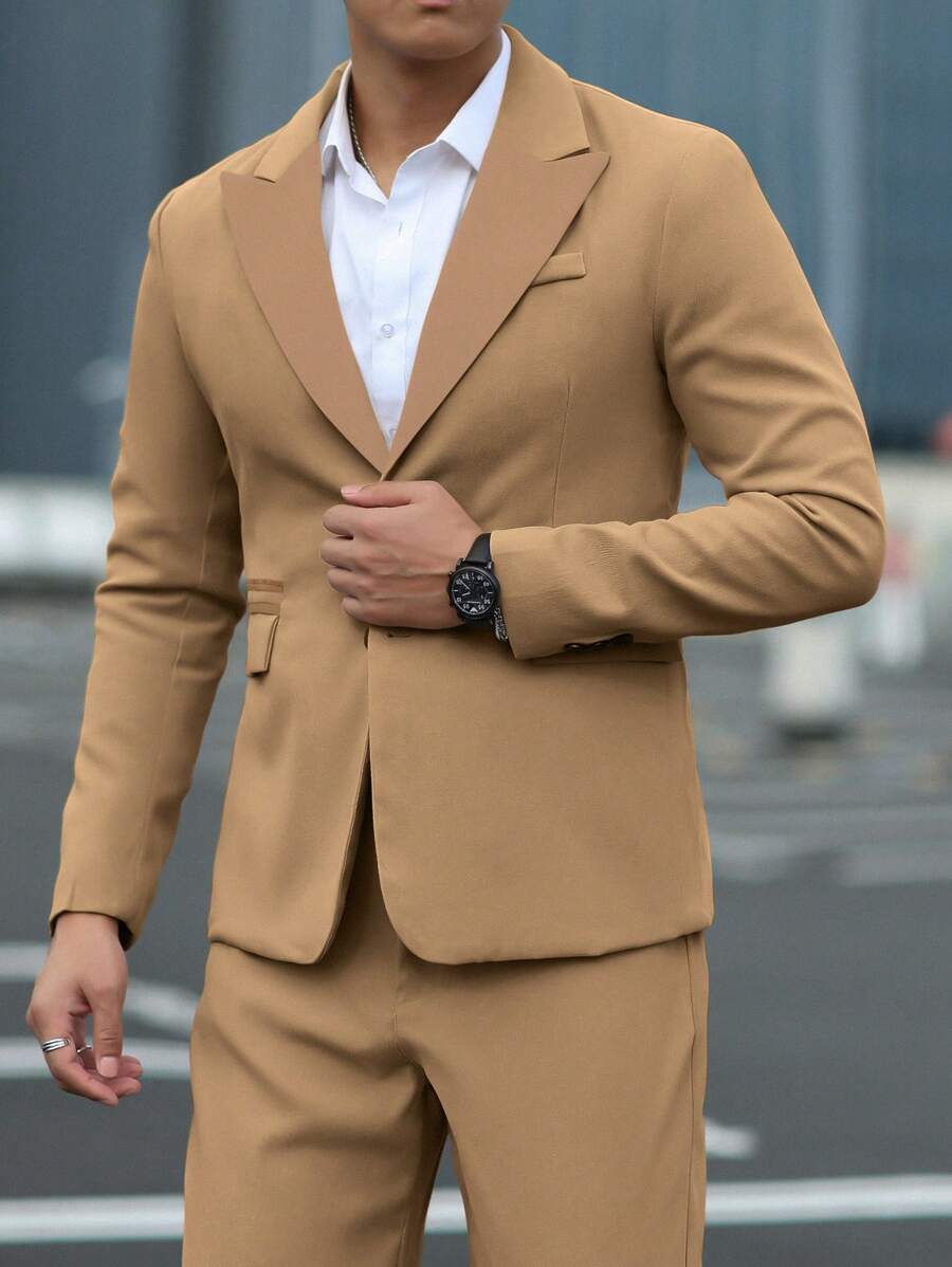 Manfinity Mode Men's Casual Color Blocking Lapel Suit Set, Autumn - Khaki - View 1