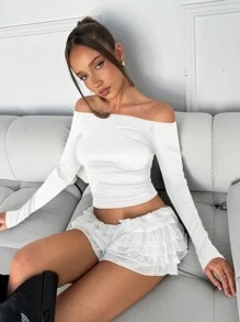 SHEIN EZwear Áo thun nữ hở vai màu trắng ôm vừa vặn tay dài cơ bản, phù hợp cho mùa thu - trắng - Xem 6