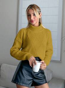 EURMUSE Women Solid Color Diamond Pattern Turtleneck Pullover - Mustard Yellow - View 5