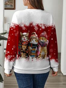 SHEIN LUNE 圣诞休闲雪快乐猫咪家庭图案印花大码女士毛衣套头衫适合秋冬季 - 彩色 - 查看 2