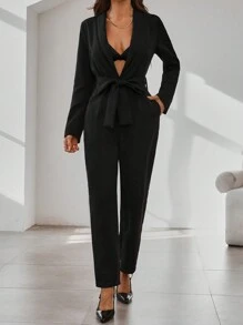 SHEIN Clasi Salopeta Neagra De Femei Cu Guler Capa Maneca Lunga Buzunar Salopeta Eleganta Pentru Naveta