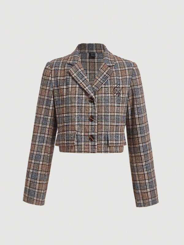 SHEIN MOD Blazer corto de manga larga a cuadros vintage con botones para mujer, para otoño/invierno, para salir, para trabajar, para homecoming