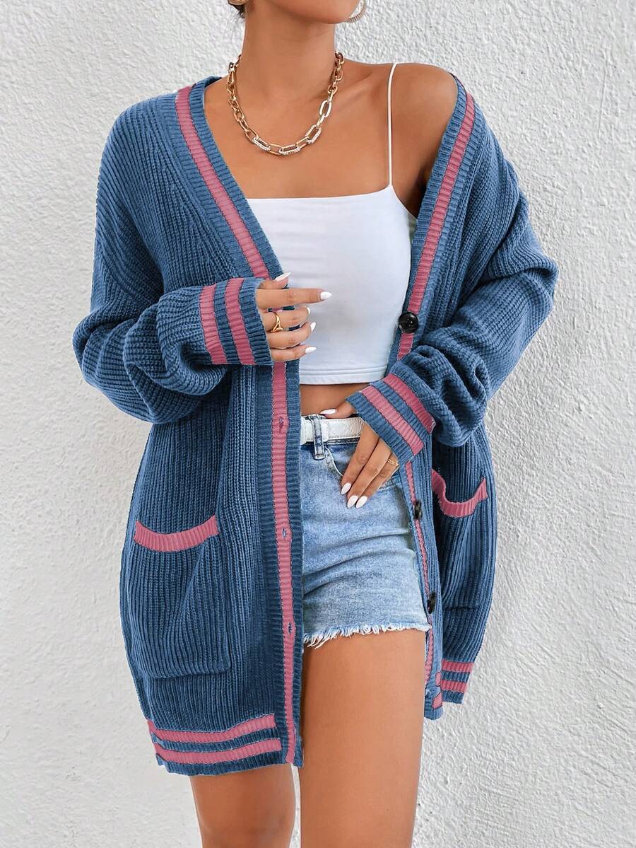 Chiquease Casual Contrast Color Dual Pocket Loose Front Button Cardigan, Suitable For Autumn & Winter