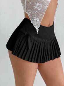 Sweetina 蝴蝶结低腰迷你百褶裙 - 黑色 - 查看 2